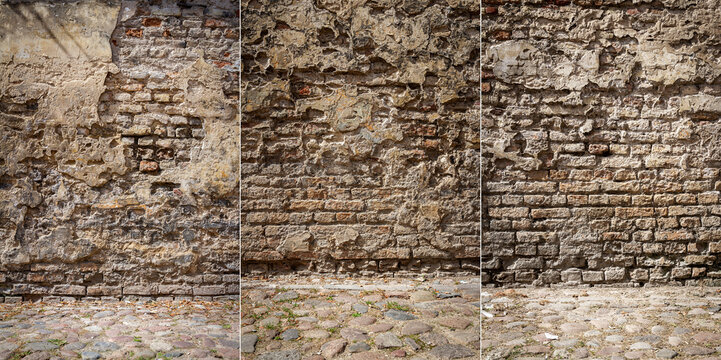 Collection of images with old cracked plaster and brick wall