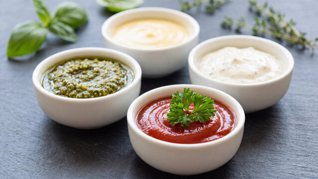 Assorted bowls filled with vibrant colorful gourmet sauces including savory pesto, smooth mayonnaise, creamy ranch, and tangy red tomato ketchup