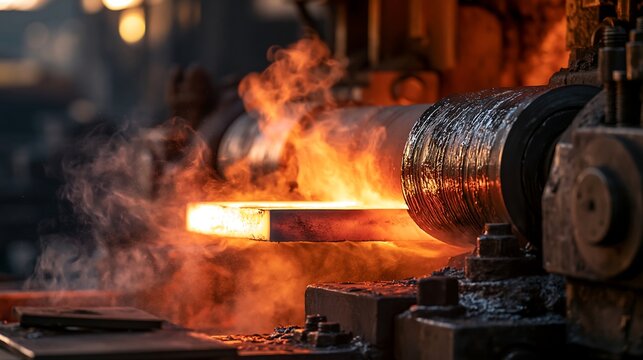 Molten steel slab passes through industrial heavy rollers, isolated on transparent background. Use for steel manufacturing, metallurgy, and industrial production concept imagery.