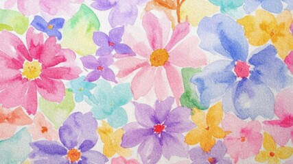 Colorful watercolor floral background, hand painted spring blossoms, pink blue yellow flowers, textured paper art pattern, botanical illustration for summer design, wallpaper texture   © Charan suvvada 