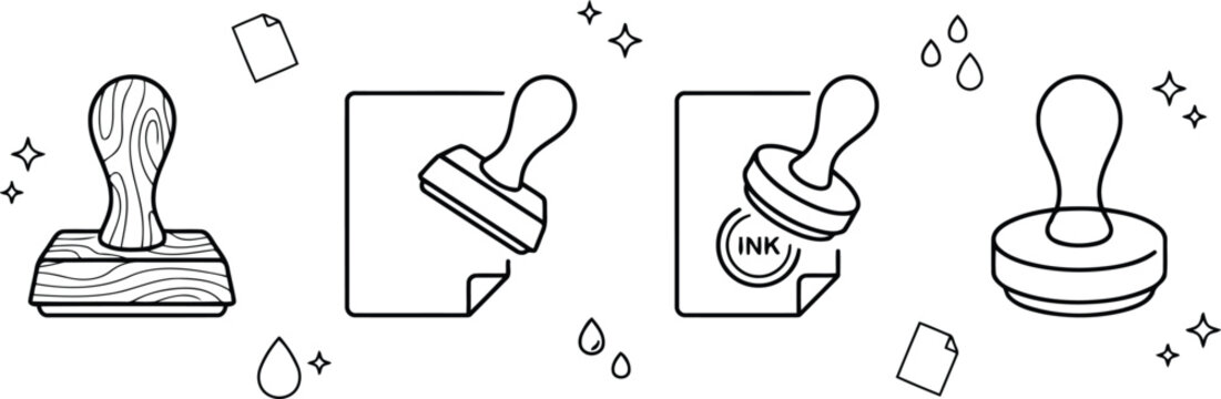 Set of rubber stamp icons with paper and ink symbols, vector illustration of office stationery tools for document authentication and approval