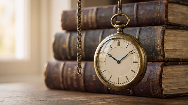 Vintage pocket watch hanging in front of a stack of antique books