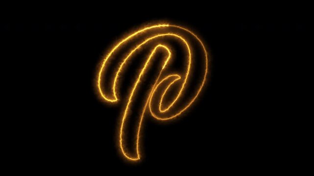 Animated glowing cursive letter p symbol forming motion graphic with fire effect.