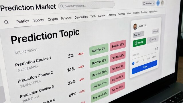 Laptop screen displaying a prediction market web interface with betting options