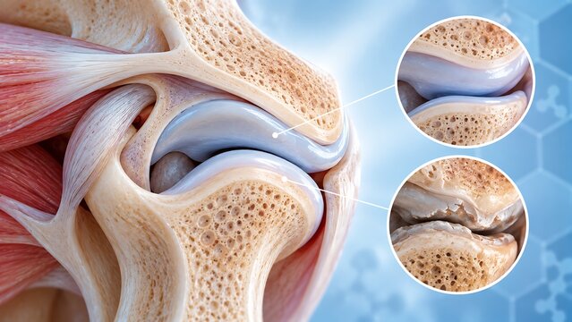Inflamed synovial joint with damaged cartilage surfaces