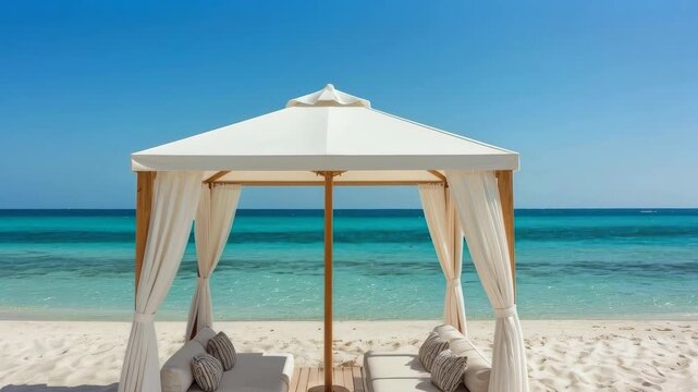 Beach Cabana with Turquoise Sea, White Sand, Tropical Beach Lounge, Seaside Gazebo Relaxation