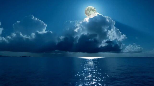 Moonlit Ocean Night Cloud Seascape With Moonlight Reflection Beneath Horizon Sky