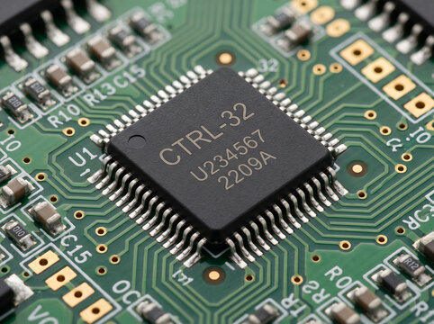 Smd controller chip on green printed circuit board with traces and resistors close up.