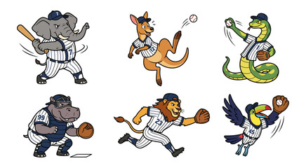 Obraz premium Baseball player cartoon set with animal mascots in uniform. sport illustration design for team
