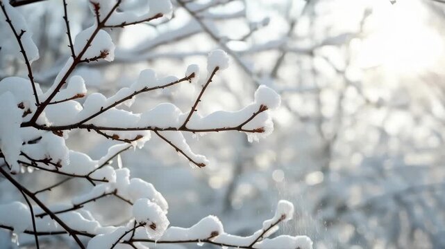 Snow Covered Tree Branch in Winter Forest Glowing Under Sunlight