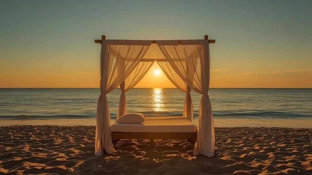 Beach Canopy Bed at Sunset, Sheer Curtains, Cushion, Calm Ocean Shore Reflections
