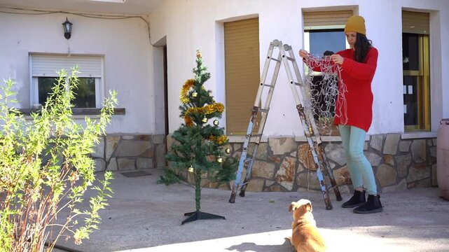 Woman untangling christmas lights for tree decoration