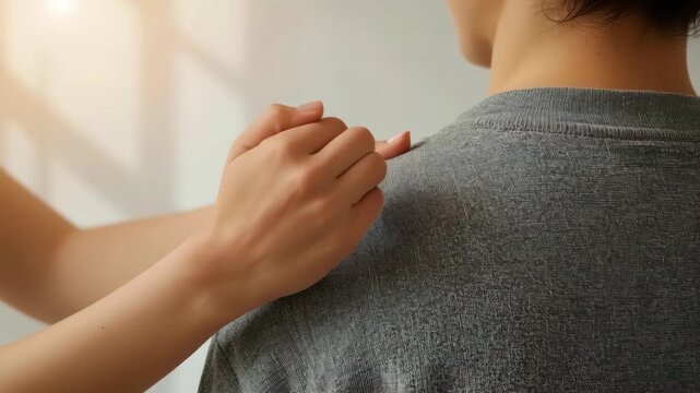 Gentle Human Hand on Sweater Shoulder Offering Support and Emotional Connection
