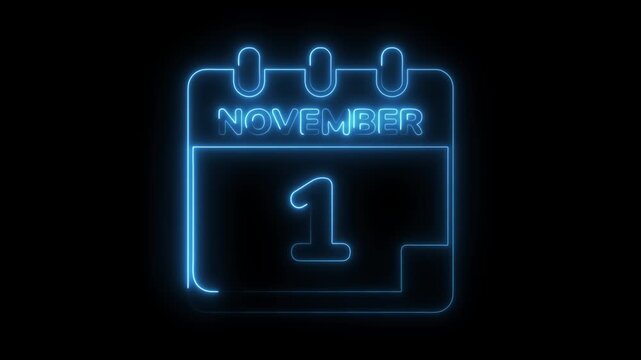 Glowing blue neon calendar animation displaying the first day of november