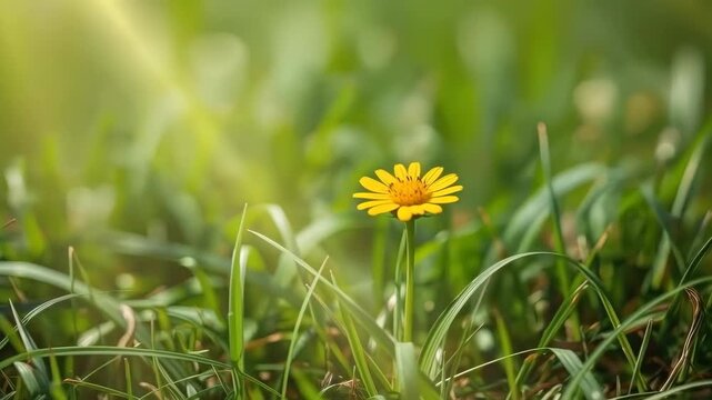 Yellow Wildflower Blooming Among Green Grass in Peaceful Nature Meadow Scene