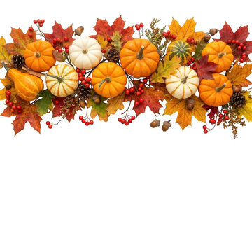 Autumn pumpkins and colorful maple leaves border