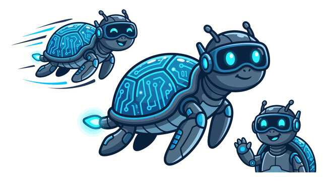 Animated digital turtles with glowing circuit board shells, embracing virtual technology