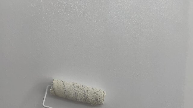 Hand Painting Interior Wall White with Paint Roller, Home Renovation