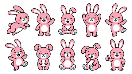 Obraz premium Set of cute pink cartoon rabbits with various emotions and actions