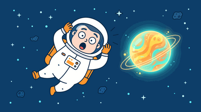 Cosmic explorer startled by a vibrant ringed planet during an adventurous space journey