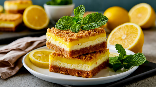A slice of lemon meringue pie with a mint leaf on a white plate