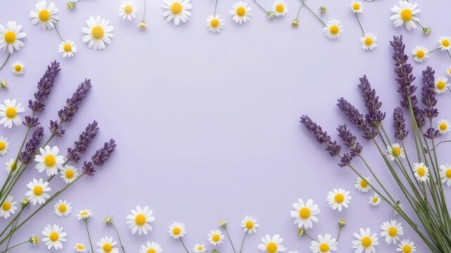 Lavender Chamomile Daisy Flower Border Purple Background Natural Floral Design