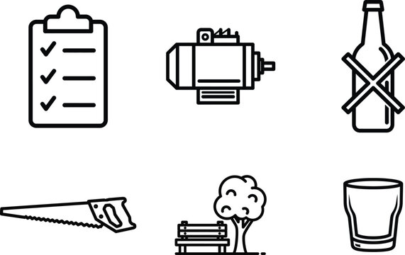 Flat line icons of checklist, power tool, broken bottle, saw, park bench, and glass