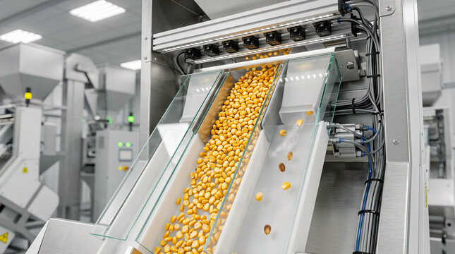 Yellow corn kernels falling down illuminated glass slides of stainless steel optical sorting machine inside modern agricultural food processing plant manufacturing facility