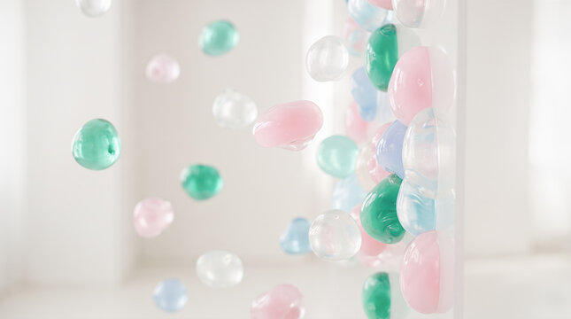 Pastel colored translucent gel spheres and floating water bubbles suspended in midair inside bright white minimalist room during zero gravity experiment