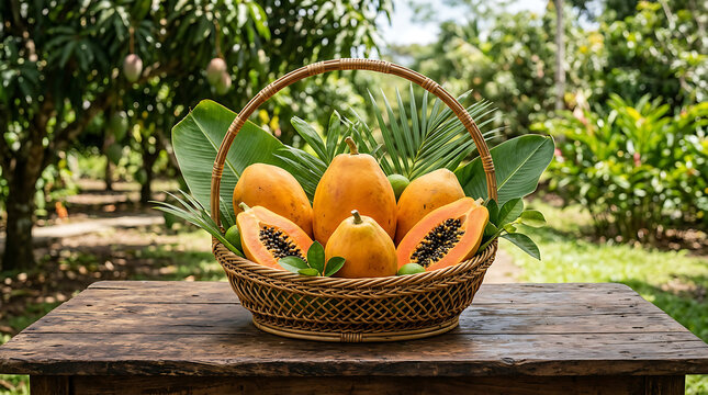 Fresh Papayas in Rustic Wicker Basket.