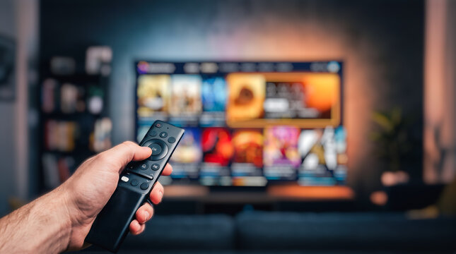 Person holding black remote control pointed directly towards large television display screen showing video streaming application inside dim modern living room