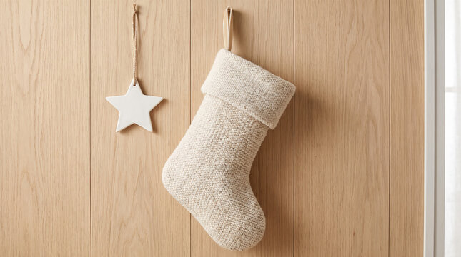 White knitted Christmas stocking hanging light wooden wall ceramic star ornament minimalist Scandinavian holiday home decoration cozy winter festive interior seasonal craft