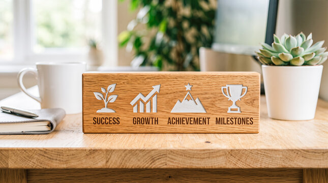 success growth achievement milestones Engraved oak wood block sign displaying business icons and motivational words sitting on bright office desk beside coffee mug