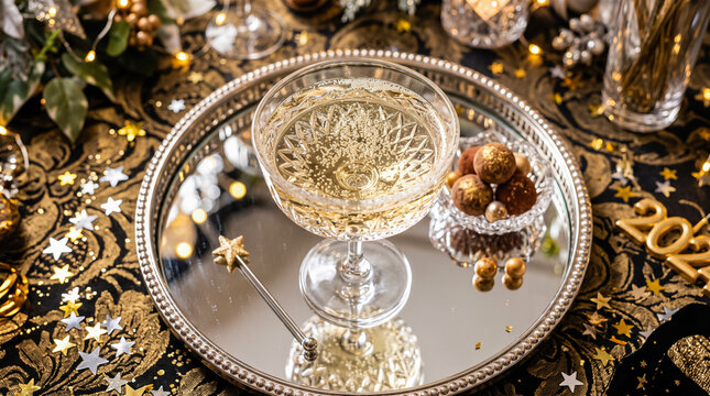 Filled vintage crystal coupe glass containing sparkling champagne resting upon silver mirrored tray beside chocolate truffles and scattered golden star confetti decorations
