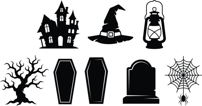 Halloween haunted house witch hat lantern tree coffins gravestone spider web spooky silhouette vector illustration for eerie seasonal design