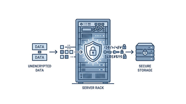 Data encryption process showing unencrypted information flowing through a server rack to secure