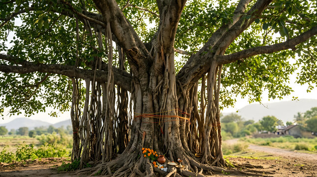 Majestic Banyan Tree in Serene Countryside Landscape