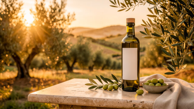 Olio d'oliva bottiglia etichetta bianca uliveto tramonto