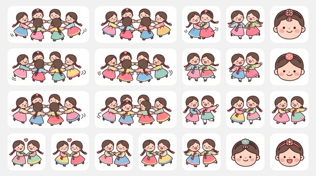 Cartoon children performing traditional circle dance in vibrant studio setting with clean white background