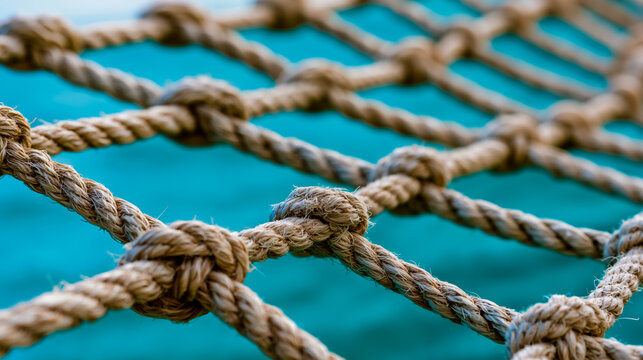 Close-up of a rope with knots against a blue background