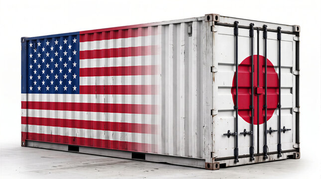 3D shipping container blending USA and Japan flags. Metaphor for international trade, economic alliance, supply chain, and Pacific bilateral relations