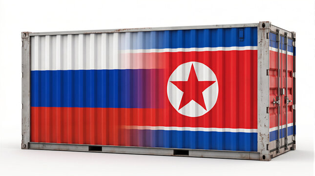 3D shipping container blending Russia and North Korea flags. Metaphor for international trade, geopolitical alliance, supply chain, and bilateral relations
