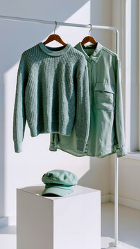 A white coat hanging on a hanger with a matching hat on a white block below