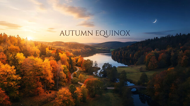 Autumn Equinox conceptual landscape showing transition from sunny day to starry night