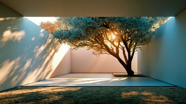 A tree with blue leaves is framed by a white wall and a window with the sun shining through the window