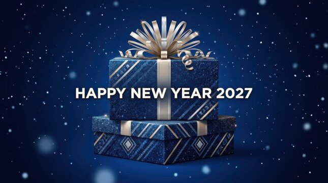 Stack of blue gift boxes with ribbon during winter snowfall for New Year celebration concept