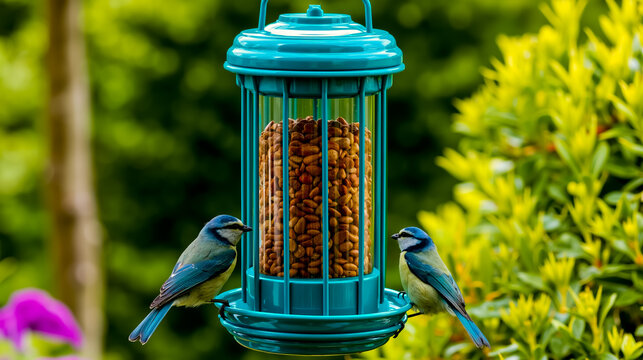 Two blue birds perched on a blue bird feeder filled with bird food