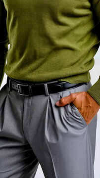 A man's hand is in his pocket and he is wearing a green sweater and gray pants