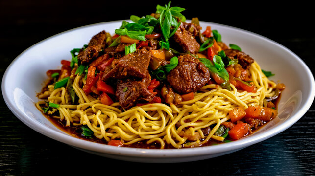 A bowl of beef and broccoli stir fry with noodles and green onions