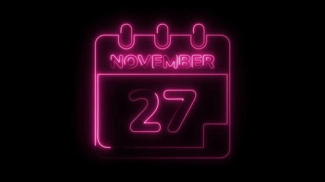 Neon november 27th calendar date reminder glowing pink animation